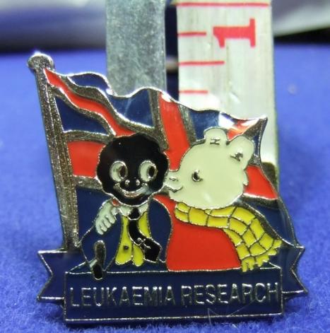 Golly and Rupert leukaemia research pin blue scroll